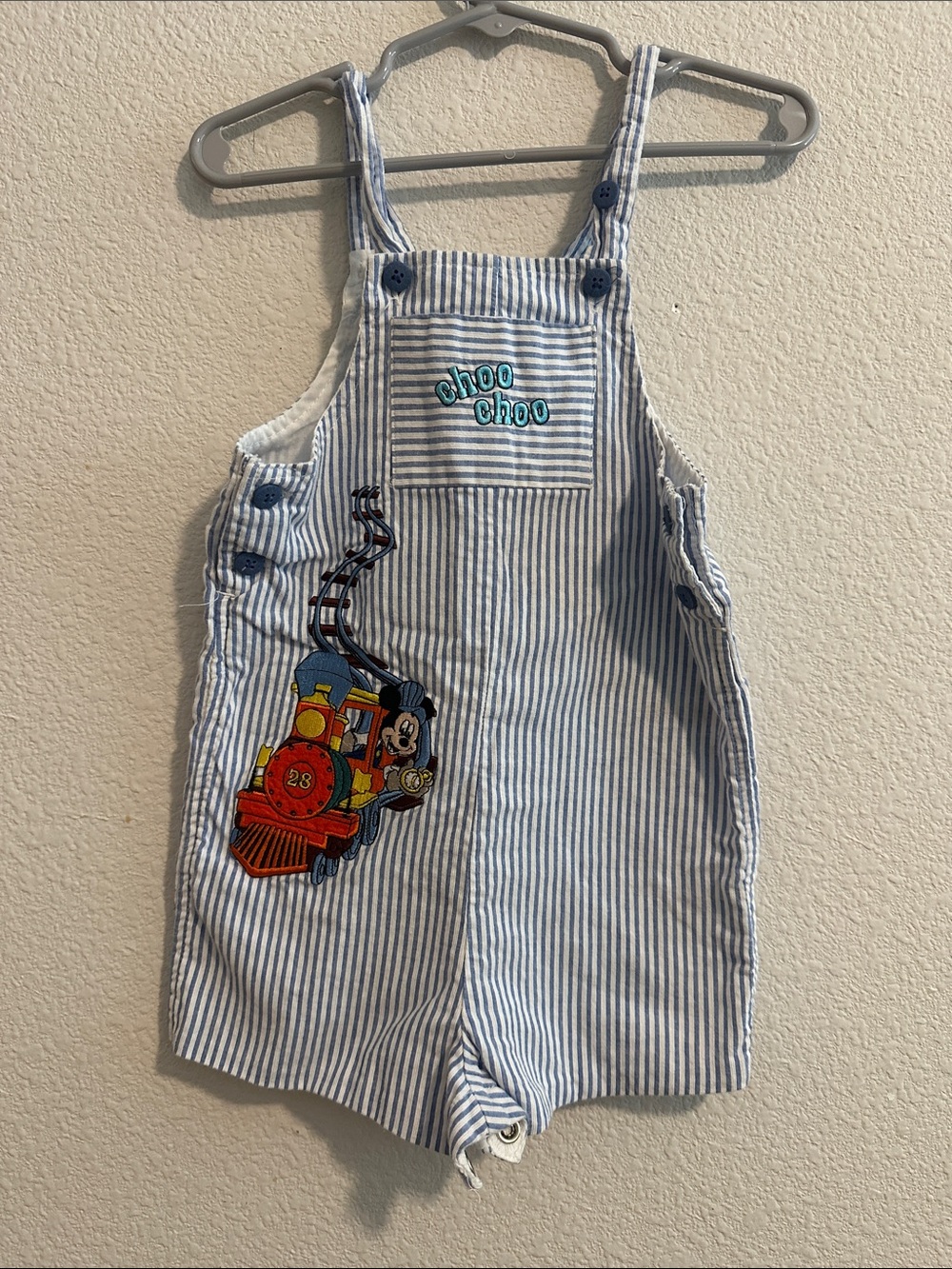 Vintage Disney Blue and White Striped Train Patch Overalls